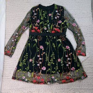 Women's Colorful Embroidered Floral Sheer Black Knee Length Dress, Size XXL
